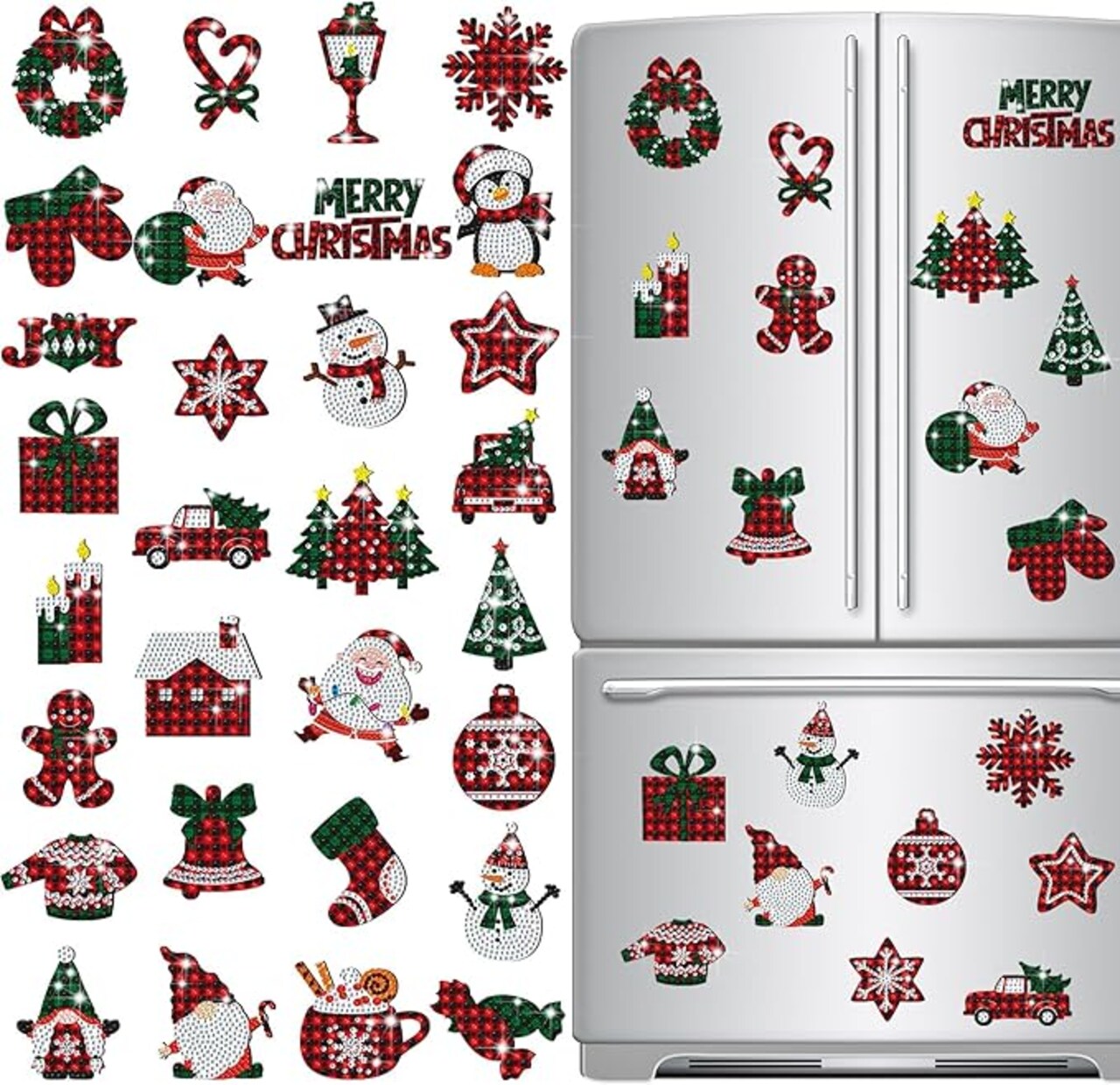 30 Pcs Christmas Diamond Painting Magnets for Refrigerator Buffalo Plaid Diamond Art Painting Kits Magnets Red Green White Fridge Diamond Stickers for Xmas DIY Home Decors